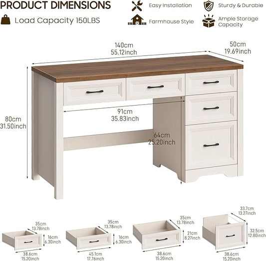 Vabches 55 Inch Farmhouse Desk with 5 Drawers, Large Home Office Computer Desk with Adjustable File Drawer, Executive Workstation with Storage for Study Writing Work, White
