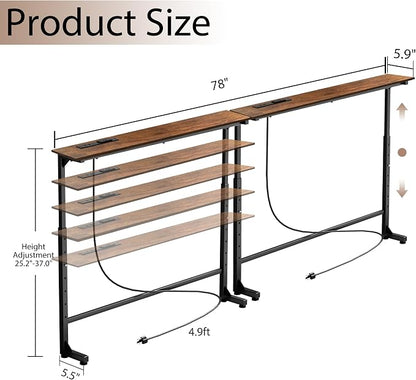 Keelian 78 inch Narrow Console Table with Outlet,Adjustable Height(25"-37") Behind Sofa Table,Couch Behind Table Skinny,Couch Shelf with Charging Station,Long Entryway Table for Living Room,Brown