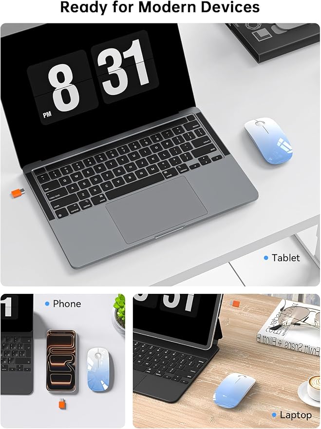 RAPIQUE USB C Wireless Mouse for MacBook, Sky Blue Gradient Slim Mouse, Silent Click, 800/1200/1600 DPI, AA Battery Powered, Type C Portable 2.4GHz Wireless Mouse for iPad, Laptop, Chromebook, Laptop