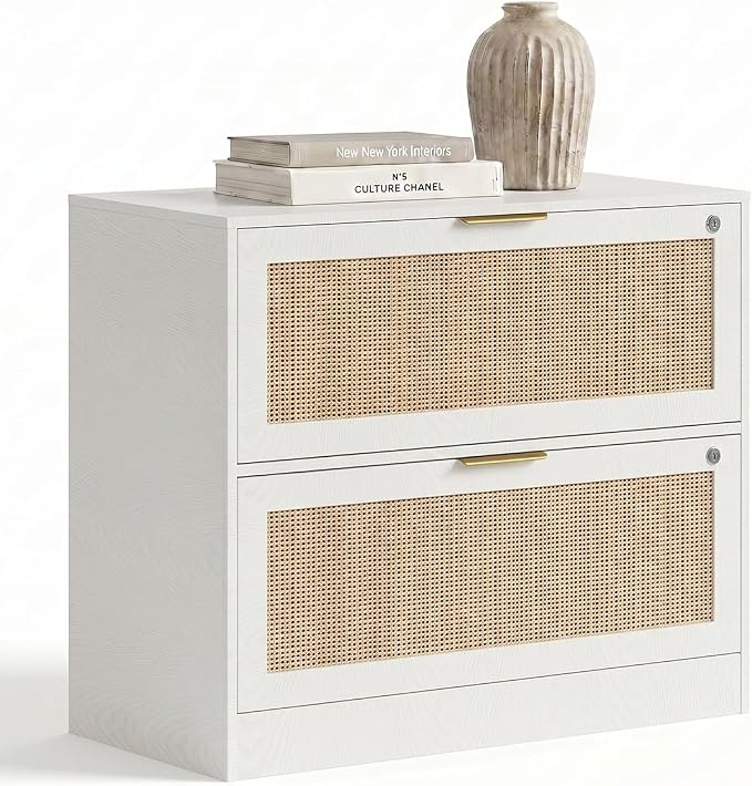 YIGOBUY Lateral File Cabinets for Home Office, 2 Drawer Filing Cabinet with Lock, Wide Rattan Filing Organization Storage Cabinets with Printer Stand for Hanging Files/Letter/Legal/A4/F4 Size, White