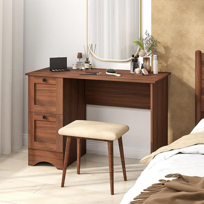 Giantex Computer Desk with 2 Drawers, 43” Wooden Home Office Desk with Charging Station, Compact Study Writing Desk, Modern Laptop PC Desk Workstation for Bedroom, Living Room (Walnut)