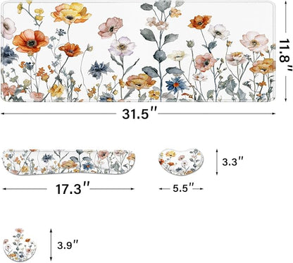 Desk Pad and Keyboard Wrist Rest, Large Mouse Pad + Keyboard Pad+Mouse Wrist Support, Non-Slip Desk Mat Protector for Office, Home 31.5×11.8 Inches Cute Floral