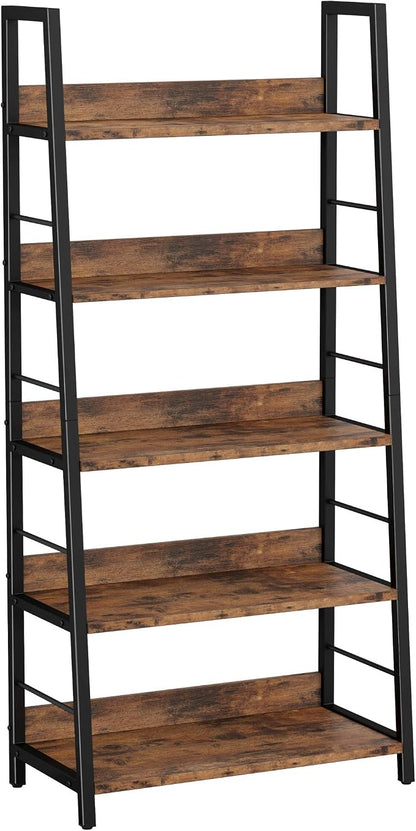 IRONCK 5 Tier Ladder Bookcase with Metal Frame Rustic Brown | Bookshelves and Bookcases,open display shelves; metal frame; shelf baffles; home office