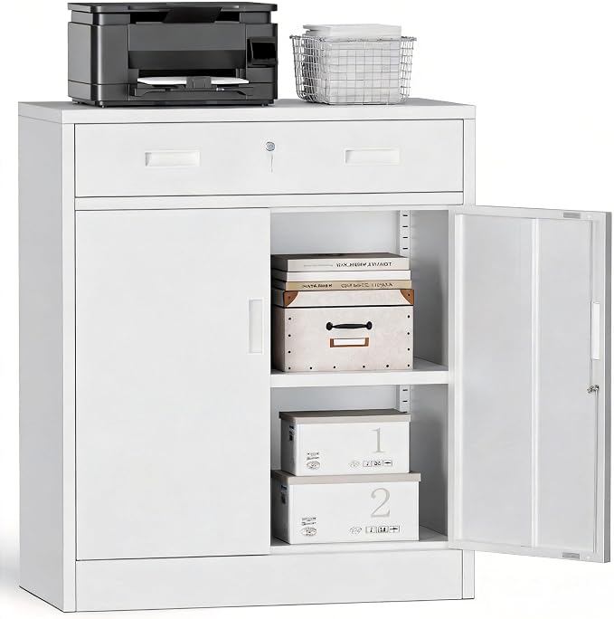 Metal Storage Cabinets with Drawer, 36" H Lockable Storage Cabinet with Doors and Adjustable Shelves, Small White Steel File Cabinet for Home, Office, Warehouse, School, Assembly Required