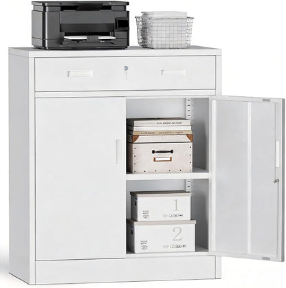 Metal Storage Cabinets with Drawer, 36" H Lockable Storage Cabinet with Doors and Adjustable Shelves, Small White Steel File Cabinet for Home, Office, Warehouse, School, Assembly Required