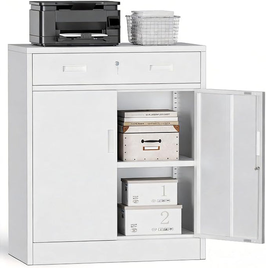 Metal Storage Cabinets with Drawer, 36" H Lockable Storage Cabinet with Doors and Adjustable Shelves, Small White Steel File Cabinet for Home, Office, Warehouse, School, Assembly Required