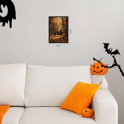 Framed Halloween Witch Wall Art - Autumn Forest Witch Canvas Print, Vintage Gothic Dark Academia Halloween Wall Decor, Spooky Fall Artwork for Bedroom Living Room Home 8x10in Wood Frame