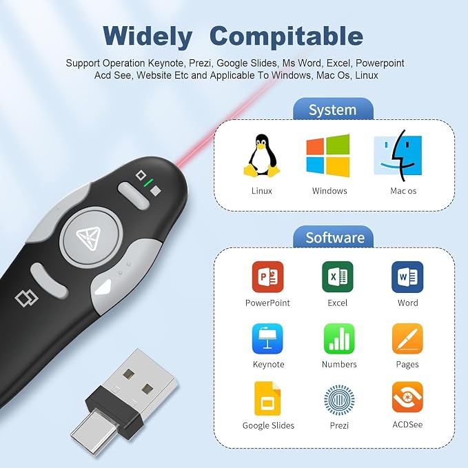 QUI Presentation Clicker Wireless Presenter Remote Clicker for PowerPoint Presentation Remote, PowerPoint Slide Advancer for Mac/Windows/Google Slide/Keynote, Black, A-C