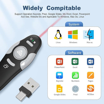 QUI Presentation Clicker Wireless Presenter Remote Clicker for PowerPoint Presentation Remote, PowerPoint Slide Advancer for Mac/Windows/Google Slide/Keynote, Black, A-C