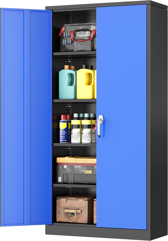 INTERGREAT Metal Garage Storage Cabinet with Lock, 72" Storage Cabinet with Locking Doors and 4 Adjustable Shelves, Lockable Steel Tool Cabinet for Home Office, School, Black Blue