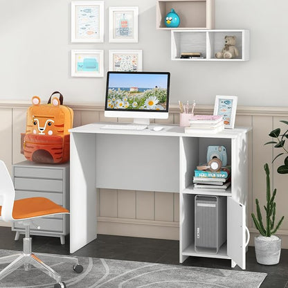 COSTWAY 42” White Home Office Desk, Modern Computer Workstation with Open Compartment & Cabinet, Compact Writing Desk with Cable Holes for Bedroom, Study Room, Dorm