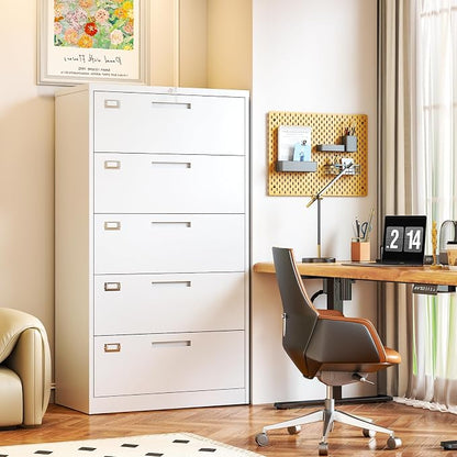 5 Drawer File Cabinet, White Metal Lateral File Cabinet with Lock, Office Filing Cabinet for Legal/Letter/A4/F4 Size with Hanging Files, Lockable File Cabinets for Home Office