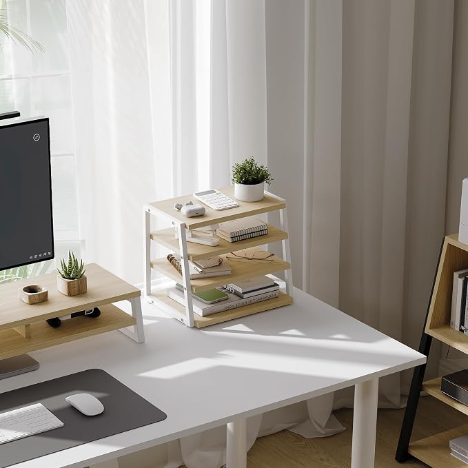 Fenge Desk Shelf Organizer, 4 Tier Desktop Shelf, Wood and Metal Office Shelves, Corner File Organizer for Office Supplies, Top of Desk Organizers and Accessories