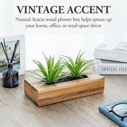 MyGift 10 Inch Artificial Green Grass Plants in Deluxe Acacia Solid Wood Decorative Planter Pot, Faux Greenery in Rectangular Wooden Container