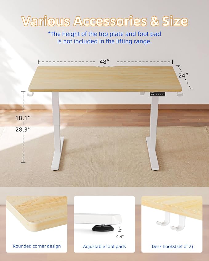 YIHAYO One-Piece Low Height Adjustable Desk, Lifts 18.1-28.3 Inches, Electric Standing Desk for Short People, 48 x 24 Inches Computer Table with Splice Board for Home Office, Natural