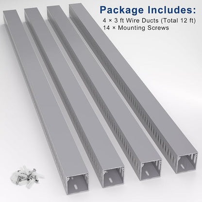 ZhiYo H1.6in W1.6in Professional Server Rack Cable Management Raceway, 12ft (4 x L3ft) Cable Raceway Kit, Electrically Safe PVC Open Slot Wire Raceway for Under Desk/Computer/Network Cords, Grey