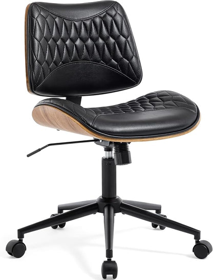 Walnut Bentwood Mid Back Armless Office Chair 1 Pack, Adjustable Height PU Leather Swivel Desk Chair with Wheels, Rolling Computer Task Chair for Home Office, Study, Meeting Room