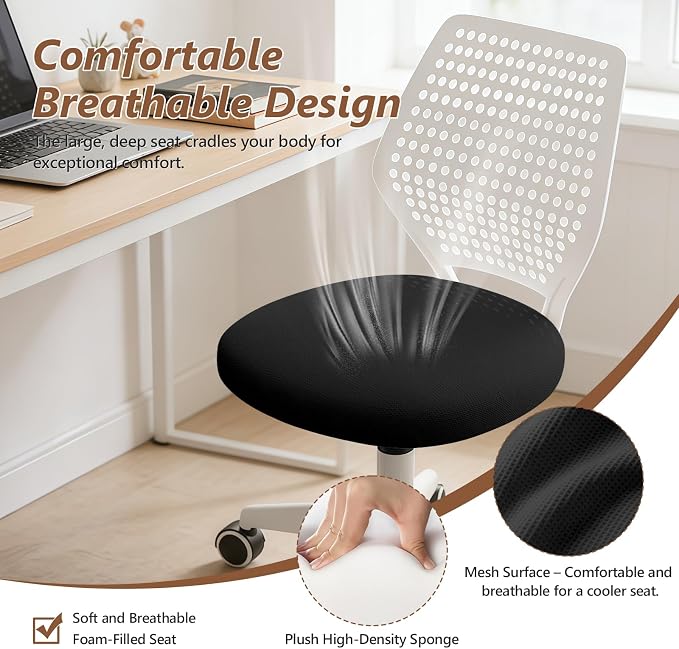 Small Office Chair with Wheels, Armless Desk Chair Height Adjustable Swivel Rolling Task Chair Breathable Mesh Ergonomic Computer Work Chair for Adult, Black and White