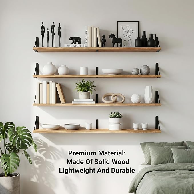 Long Wall Shelf,Large Floating Shelves for Wall,Wood Floating Bookshelves Hanging,Book Storage Display for Living Room Bedroom Office Bathroom Decor,4 Pack,36 Inch,Carbonized Black