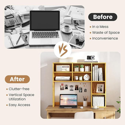 GOFLAME 7 Cubes Desktop Bookshelf, 37” Desk Organizer Shelf with 3 Adjustable Shelves, 3-Tier Wood Countertop Display Rack, Multipurpose Tabletop Desk Hutch for Dorm, Home Office, Burlywood