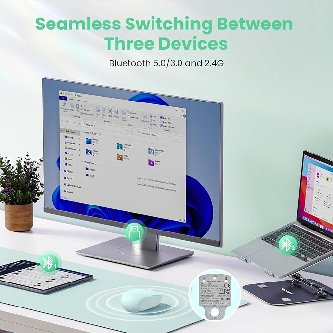 TECKNET Wireless Mouse,Bluetooth Mouse (BT5.3/5.0 & 2.4G) with USB Receiver Silent Optical Computer Mice，Wide Compatibility