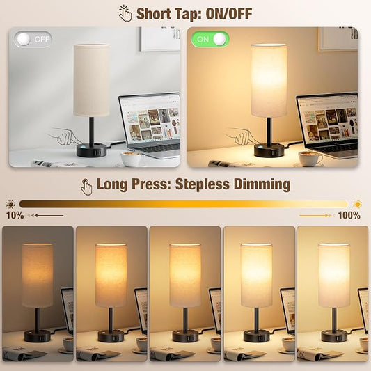Touch Bedside Table Lamp with Memory - Stepless Dimmable Lamp for Bedroom, Small Nightstand Lamp with Dual USB Charging Ports and AC Outlet, Wood Night Light, Desk Lamp for Nursery (Beige & Black)