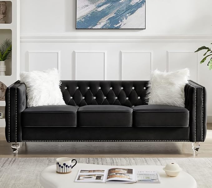 Mikibama Velvet 3 Seater Sofa Couch with Buttons and Square Arms 83.07 Inch Tufted 3-seat Sofas with Trimmed Nailhead and Acrylic Legs Modern Couches for Living Room,Bedroom (Black-crystal Legs, Sofa)
