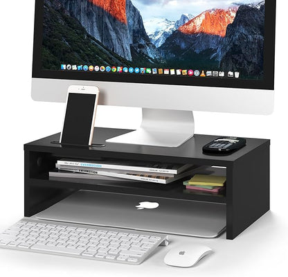 BONTEC Wooden Monitor Stand Riser, 2-Tier Desk Shelf with Storage Organizer, Ergonomic Computer Stand with Cable Management, Cellphone Holder, Black, 16.5 Inch