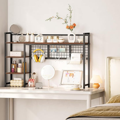 Snughome Desk Shelf, 44.9" Desktop Organizer Shelf, Desk Hutch for Computer Monitor, 4 Tier Desk Display Rack with Pegboard Hooks Set, Wood Desktop Bookshelf for Home Office Dorm