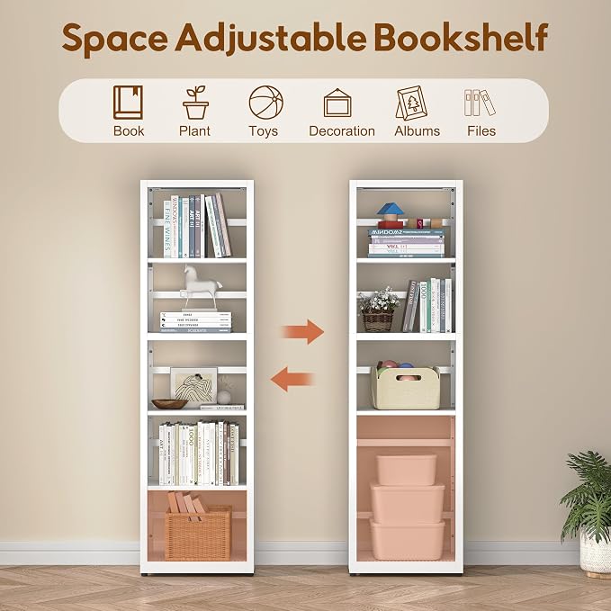 UNICOLY Bookshelves and Bookcases, 5 Tier Metal Bookshelf with Adjustable Shelves and Bookends, Open Shelf Bookcase, Display Shelves for Home Decor Bedroom, Living Room, Home Office, White