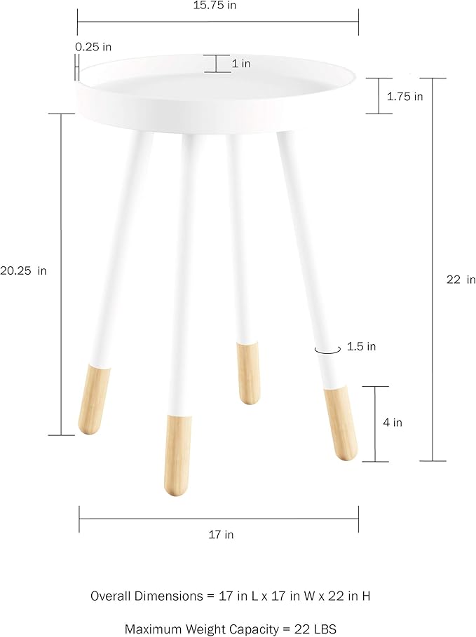 Lavish Home Round End Table – 2-Tone Mid-Century Modern Home Accent Table with Tray Top for Living Room, Bedroom, or Office (White)