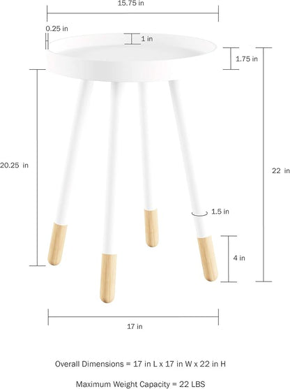 Lavish Home Round End Table – 2-Tone Mid-Century Modern Home Accent Table with Tray Top for Living Room, Bedroom, or Office (White)