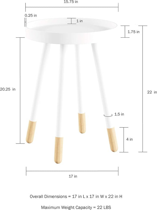 Lavish Home Round End Table – 2-Tone Mid-Century Modern Home Accent Table with Tray Top for Living Room, Bedroom, or Office (White)