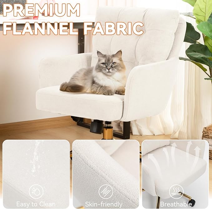 Flannel Office Chair Vanity Chair Comfy Home Office Desk Chairs with Lumbar Support, Modern Plush Fabric Desk Gold Legs Swivel Task for Home Office Bedroom Study White Upgraded Version