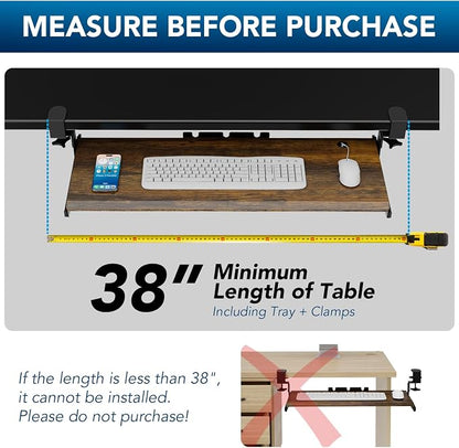 AX WABER Keyboard Tray Under Desk Pull Out with Extra Sturdy C Clamp Mount System, 32.8 (38 inch Including Clamps) x 12 Inch Slide-Out Platform Computer Drawer for Typing Vintage AX01WG202