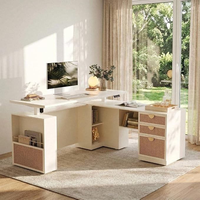 ModernMate 63" Standing Desk with File Cabinet, Privacy Panel, AC/USB, 1.18" Desktop, Executive L Shaped Height Adjustable Desk, Electric Stand Up Table with 3 Drawers, White Rattan