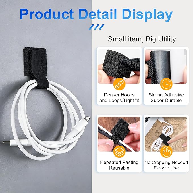 80 PCS Hook and Loop Cable Ties, Self Adhesive Cable Management Straps, Reusable Cord and Wire Organizer Clips for Under Desk, Computer, TV, Gaming Setup, Home Office and Kitchen, Black