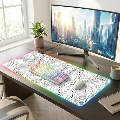 RGB Mouse Pad LED Desk Mat Large Gaming Mousepad White with Black Topographic Line Design, Keyboard Pad XL Mouse Mat for Home and Office(White with Black Topographic Line)