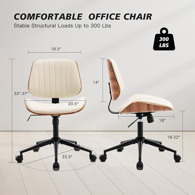 Armless Desk Chair with 360°Swivel Wheels, Ergonomic Adjustable Height Computer Chair for Home Office,PU Leather with Modern Walnut Drafting Chairs for Office, Reading Nook(Beige)