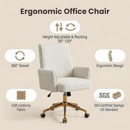 Striped Velvet Office Chair, 360° Swivel Ergonomic Task Chair with High Back, Gold Base and Wheels, Height Adjustable Modern Accent Chair for Home Office, Living Room, Study, Vanity Room (Cream)
