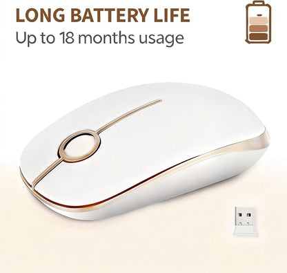Unipows Wireless Mouse - 2.4G Slim Portable Computer Mouse with Nano Receiver, Less Noise Mobile Optical Mice for Notebook, PC, Laptop, Computer, Mac (White Gold)