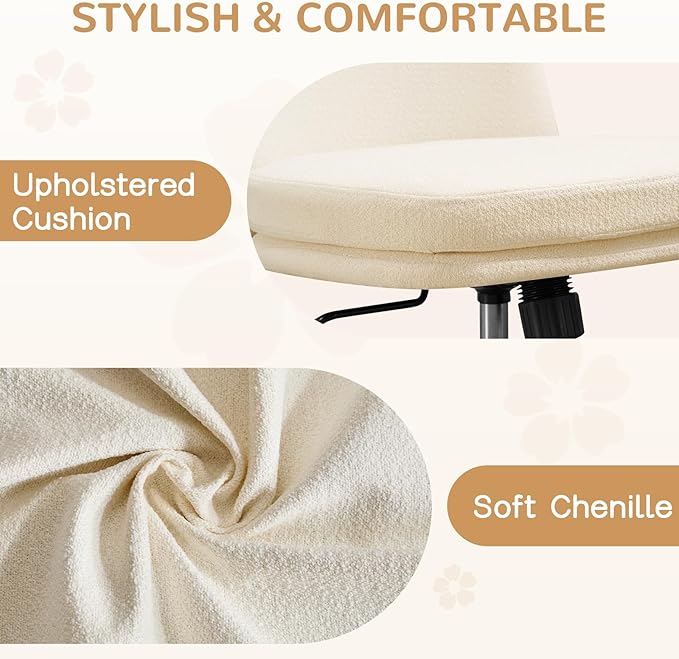 Furniliving Armless Office Chair, Upholstered Chenille Desk Chair with Wheels, Adjustable Swivel Computer Vanity Chair with Double-Layer Cushion, Beige