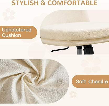 Furniliving Armless Office Chair, Upholstered Chenille Desk Chair with Wheels, Adjustable Swivel Computer Vanity Chair with Double-Layer Cushion, Beige