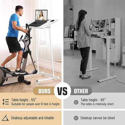 Eocnrhe Treadmill Desk, Mobile Small Standing Desk with Wheels for Walking Pad, Portable Table for Laptop, Rolling Table Adjustable Height, Bedside Table，White