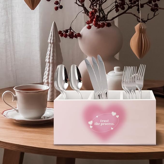 Preppy Pink Heart Aura Inspirational Wooden Pen Pencil Holder for Office Desk Accessories, Trust the Process Spiritual Positive Makeup Brush Toothbrush Holder Organizer