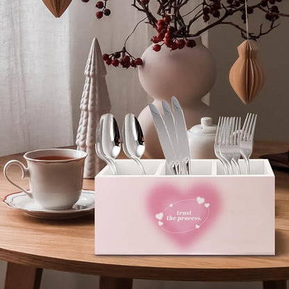 Preppy Pink Heart Aura Inspirational Wooden Pen Pencil Holder for Office Desk Accessories, Trust the Process Spiritual Positive Makeup Brush Toothbrush Holder Organizer