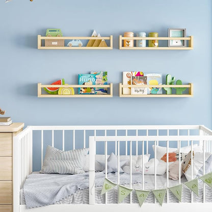 Fixwal Nursery Book Shelves, 23.6 Inch Floating Bookshelves for Wall Set of 4, Baby Nursery & Playroom Decor, Solid Wood Wall Mounted Shelves for Books and Toys Storage (Natural Wood)