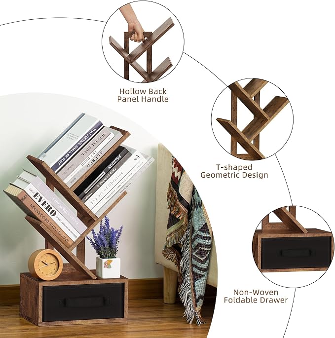 SHEEPAM Small Bookshelf with Drawer,4 Tier Tree Book Shelf,Wood Desk Bookshelves,Modern Free Standing Desktop Display Shelves,Brown Floor Standing Organizer Bookcase for Living Room,Bedroom,Office