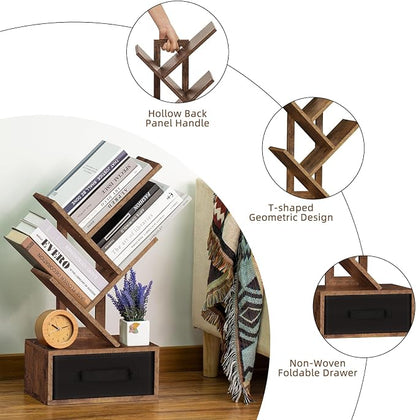 SHEEPAM Small Bookshelf with Drawer,4 Tier Tree Book Shelf,Wood Desk Bookshelves,Modern Free Standing Desktop Display Shelves,Brown Floor Standing Organizer Bookcase for Living Room,Bedroom,Office
