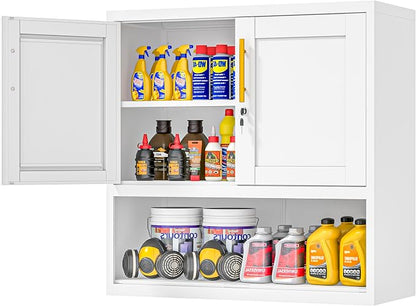 GAIOUS Metal Garage Wall Cabinet with Lock, Wall Mounted Steel Tool Cabinet | with Door and Shelf, Medicine Cabinet with Open Area, Hanging Cabinet for Garage Warehouse Bathroom Kitchen, White